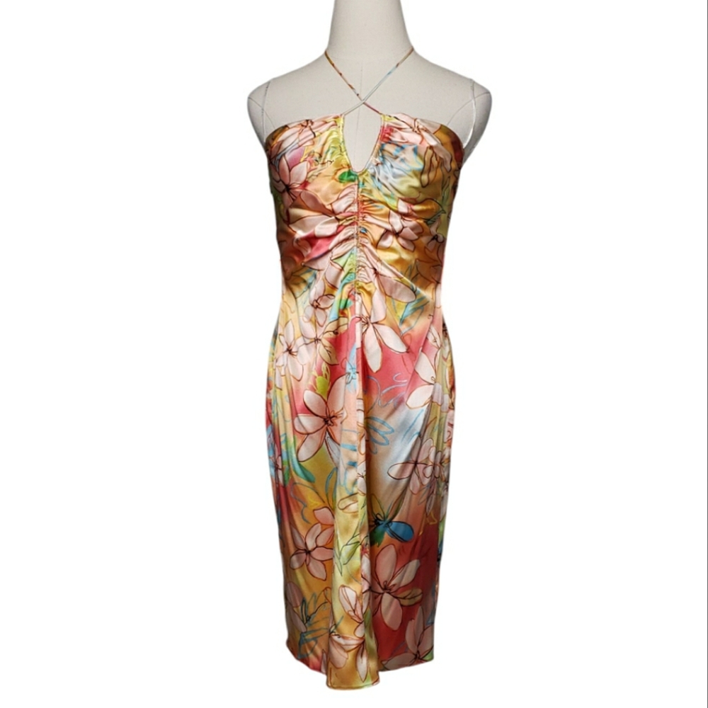 David Meister Designer Silk Slip Dress Stretch Y2K Halter Rouched Pastel Floral
